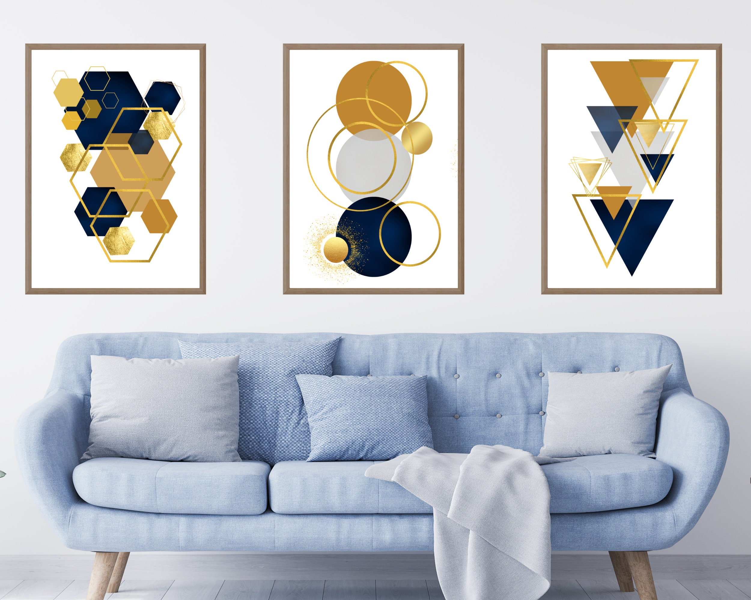Geometric Blue Mustard Grey,gold Wall Art, Set of 3 Printable Wall Art