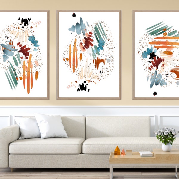 Abstract Wall Art, Peach Orange Green Blue, Set of 3 Printable Wall Art, Vibrant,Bold,Modern,Geometric Shapes,Bed Room,Living Room,Hallway,