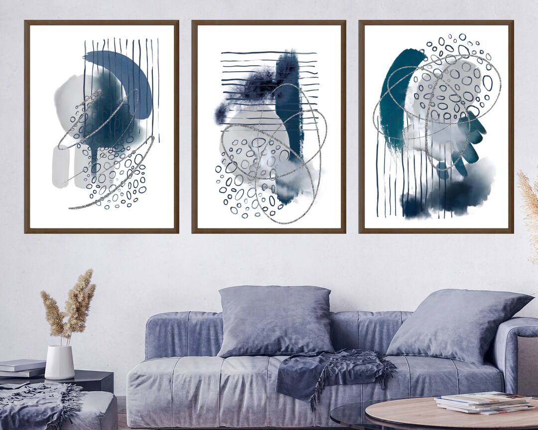 Abstract Wall Art, Blue Grey and Silver, Set of 3 Printable Wall Art ...