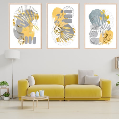 Yellow Gray Black Abstract Gallery Wall Art Set of 3 PRINTABLE Etsy