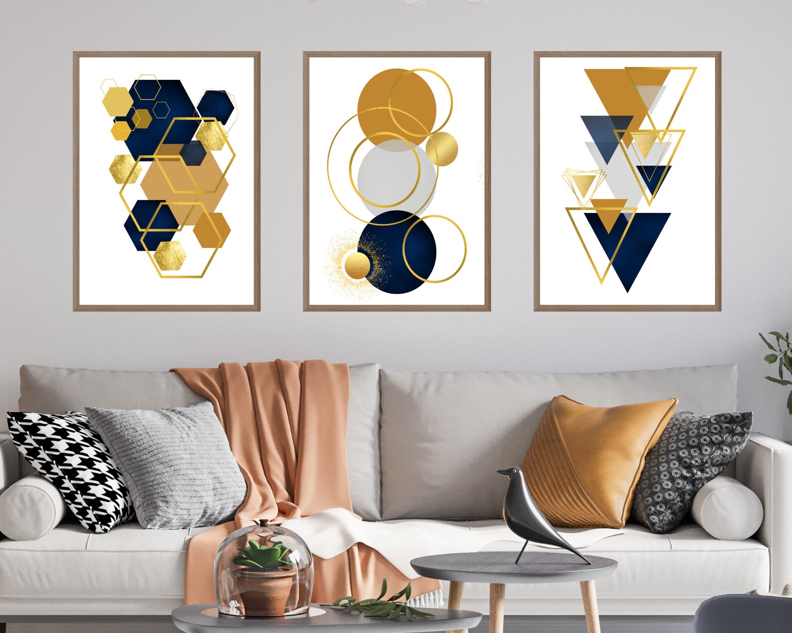 Geometric Blue Mustard Grey,gold Wall Art, Set of 3 Printable Wall Art
