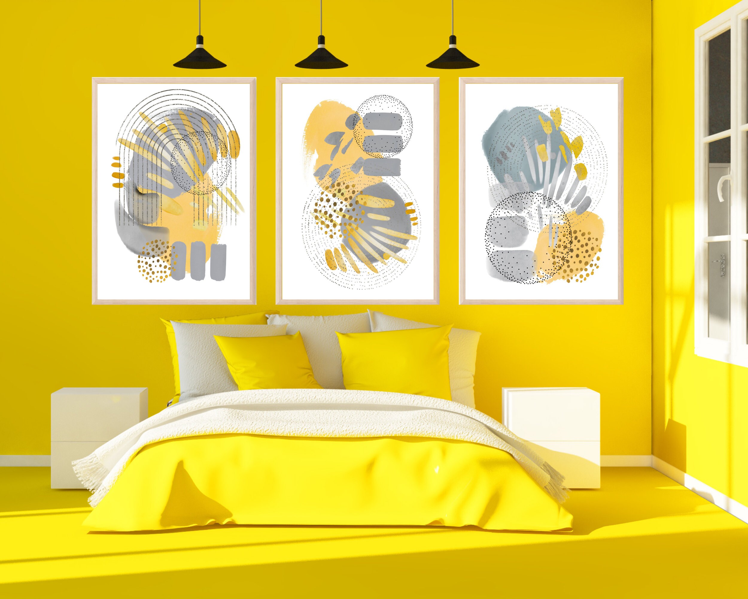 Abstract Wall Art Yellow Grey and Black Set of 3 Printable Etsy