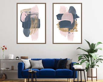 Abstract Wall Art  Pink Blue Gold,Set of 3 Printable Wall Art,Vibrant Bold Modern Geometric Shapes, Bed Room Living Room Hallway Office