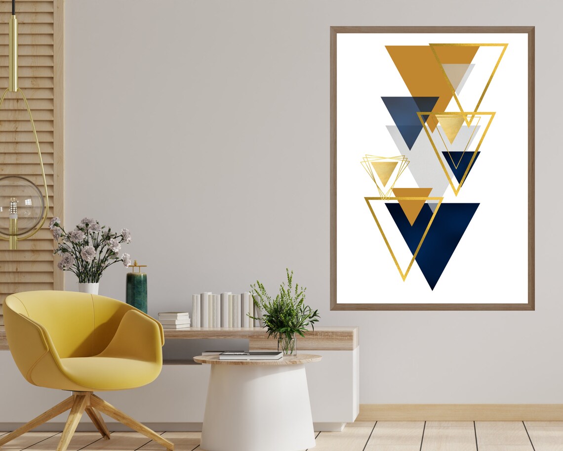 Geometric Blue Mustard Grey,gold Wall Art, Set of 3 Printable Wall Art