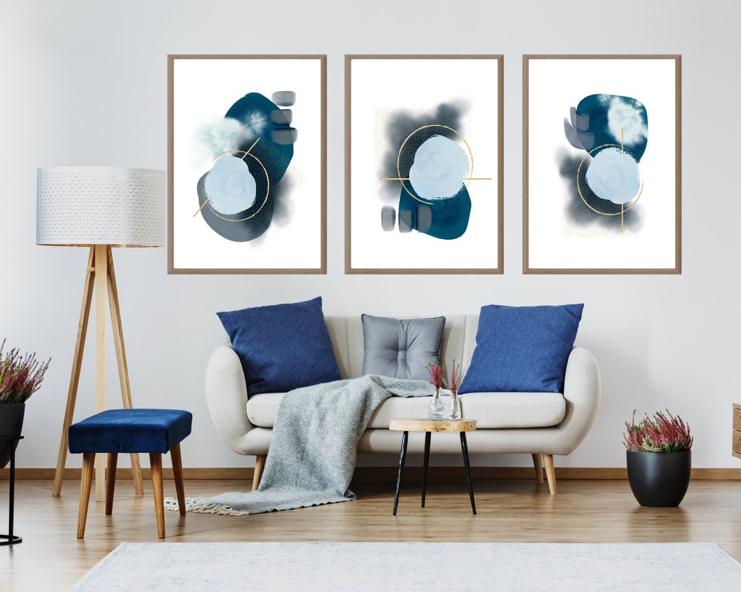 Abstract Wall Art, Grey Blue and Gold, Set of 3 Printable Wall Art