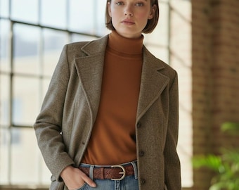 Vintage bruine wollen tweedjas uit de jaren 70 - leren knopen, zakken, maat 14 | Retro wintermode