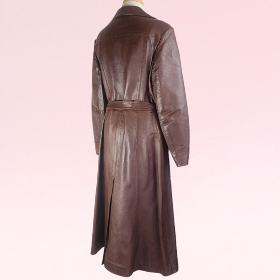 Vintage 70s Retro Long Leather Brown Coat, Size 1… - image 5
