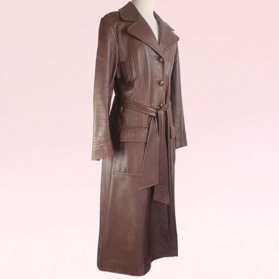 Vintage 70s Retro Long Leather Brown Coat, Size 1… - image 4