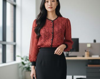 1970s Vintage Red and Black Crop Blouse Top, Size 10 | Retro Winter Fashion