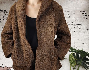 Retro Chic: 1950s Brown Wool Fur Jacket in Size 12 | Vintage Glamour Winter Coat