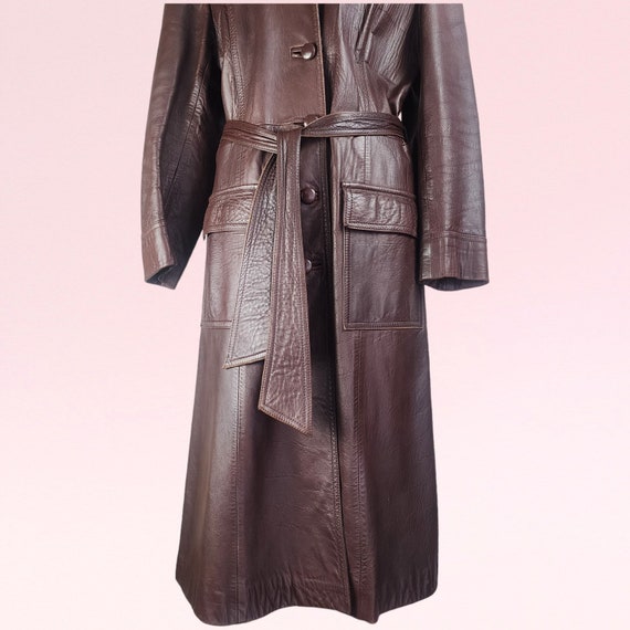 Vintage 70s Retro Long Leather Brown Coat, Size 1… - image 3