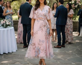 May include: A light pink midi dress featuring a wrap-style bodice, a V-neckline, and short flutter sleeves. The fabric is adorned with a blue and brown floral pattern. The dress includes a matching tie belt at the waist and a flowing skirt.