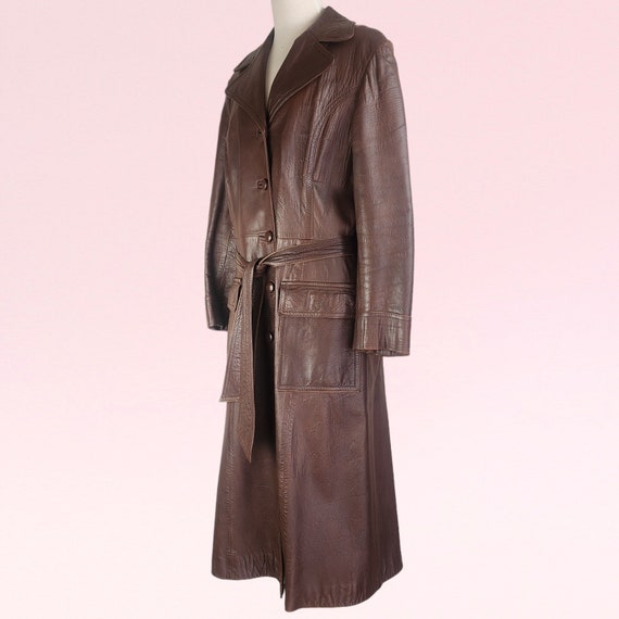 Vintage 70s Retro Long Leather Brown Coat, Size 1… - image 8