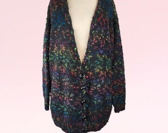 Vintage Oversize Retro Chunky Boho Wool Cardigan - Multicoloured | Size  18 | Women's Cozy Winter Fashion