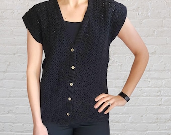 Vintage 1970s Handmade Black Crochet Vest - Boho Chic Size 12 Statement Piece