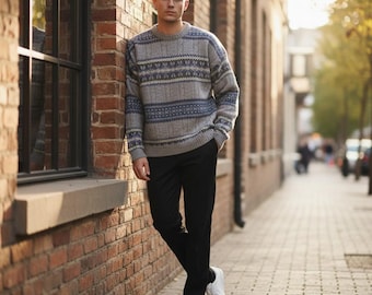 1970s Vintage Blue Fair Isle Wool Sweater Jumper, Size L | Men's Retro Winter Wear