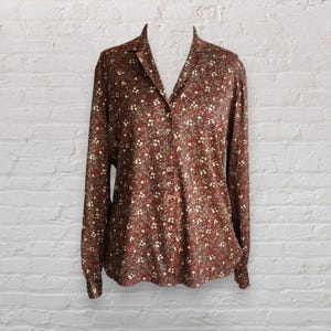 Blusa floral vintage de manga comprida dos anos 70 - marrom, tamanho 10 | Moda retrô de inverno