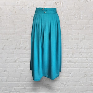 1980s Vintage Turquoise Blue Midi Pleat Gathered Skirt, Size 14 | Retro Summer Fashion