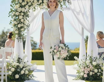 Ensemble pantalon et gilet vintage années 1990 en crêpe crème brodée, taille 10 | Tenue de mariée