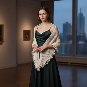 May include: A dark green satin slip dress with a cowl neckline and thin spaghetti straps, paired with a cream-coloured triangular knit shawl featuring a textured stitch pattern and a decorative looped fringe edge along the entire border.