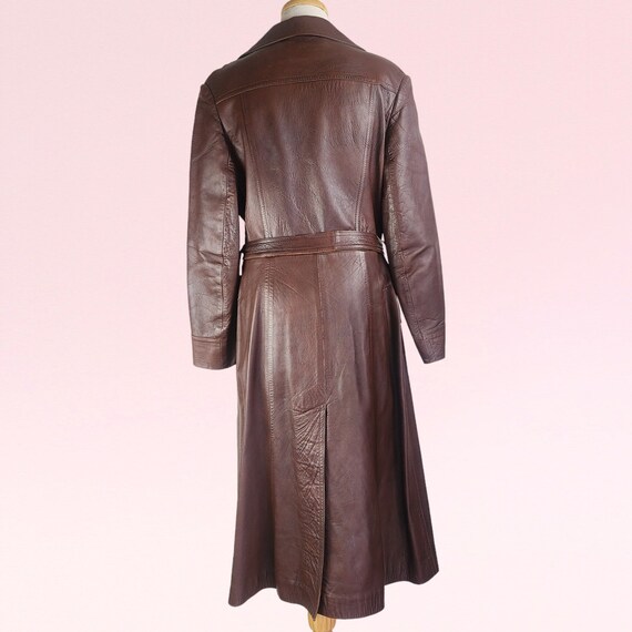 Vintage 70s Retro Long Leather Brown Coat, Size 1… - image 6