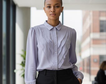 Vintage-Büro-Glamour: Graue Rüschenbluse im Stil der 70er-Jahre, Größe 8 | Retro-Wintermode