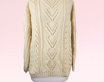 Retro 80s Cozy Handknit Cream Wool Jumper Boho Vibes | Women's Size 10