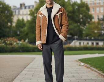 Vintage REPLAY Men's Brown Suede Jacket W Faux Fur Lining | Tan
