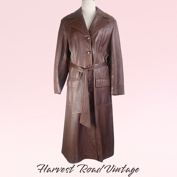 Vintage 70s Retro Long Leather Brown Coat, Size 1… - image 1
