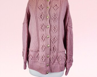 Vintage 80s Chunky Handknit Wool Cardigan - Dusky Pink | Size 16-18 | Women's Cozy Retro Boho Winter Fashion