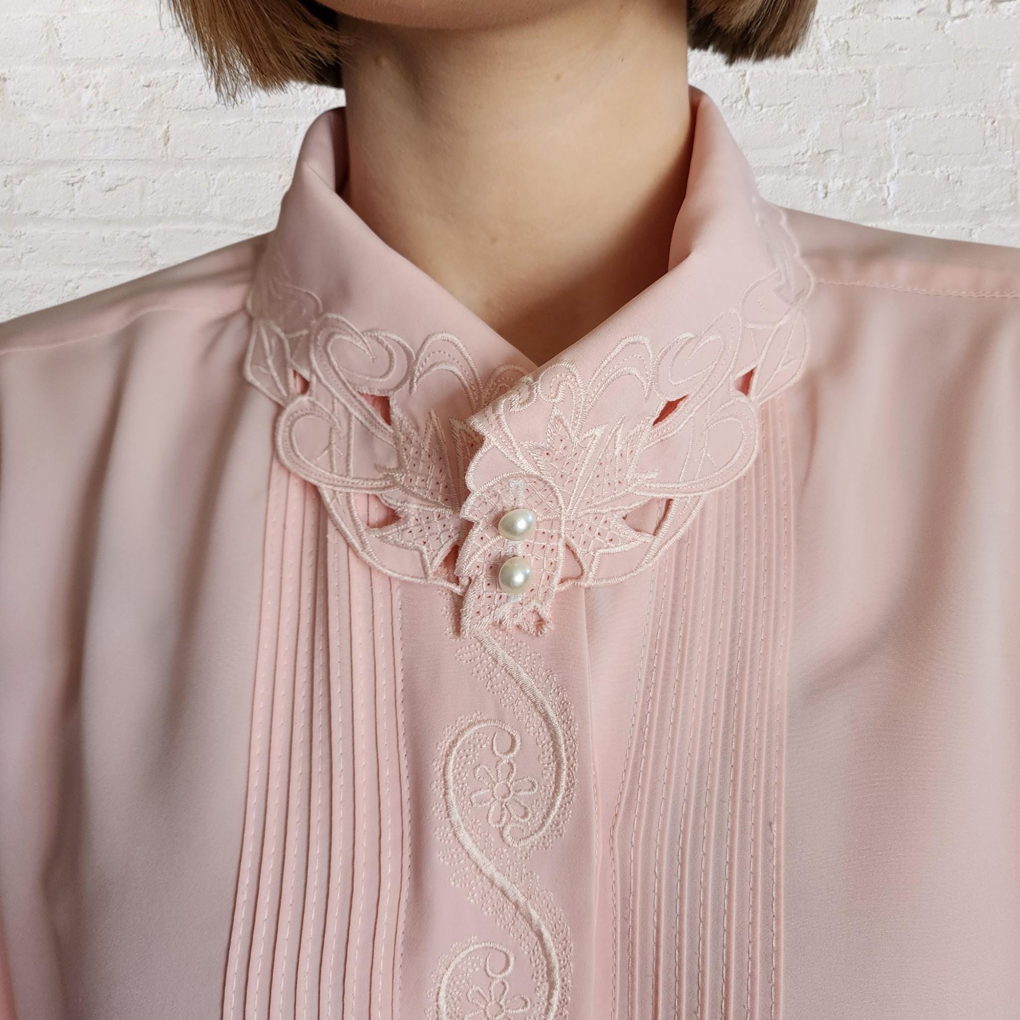 1970年代ヴィンテージ刺繍入り長袖シャツブラウス - ピンク、サイズ14 