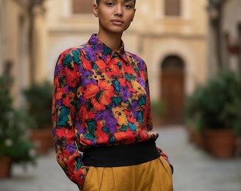 Groovy Floral 70s Long Sleeve Blouse for Size 12 Women | Vintage Workwear Chic