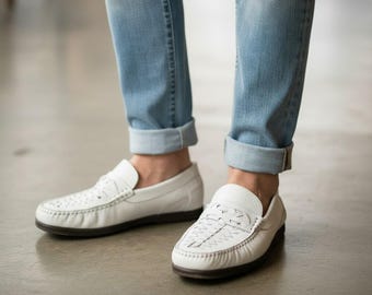 Vintage vita vävda läderloafers - Genux Tillverkade i Italien - Storlek 41 EU