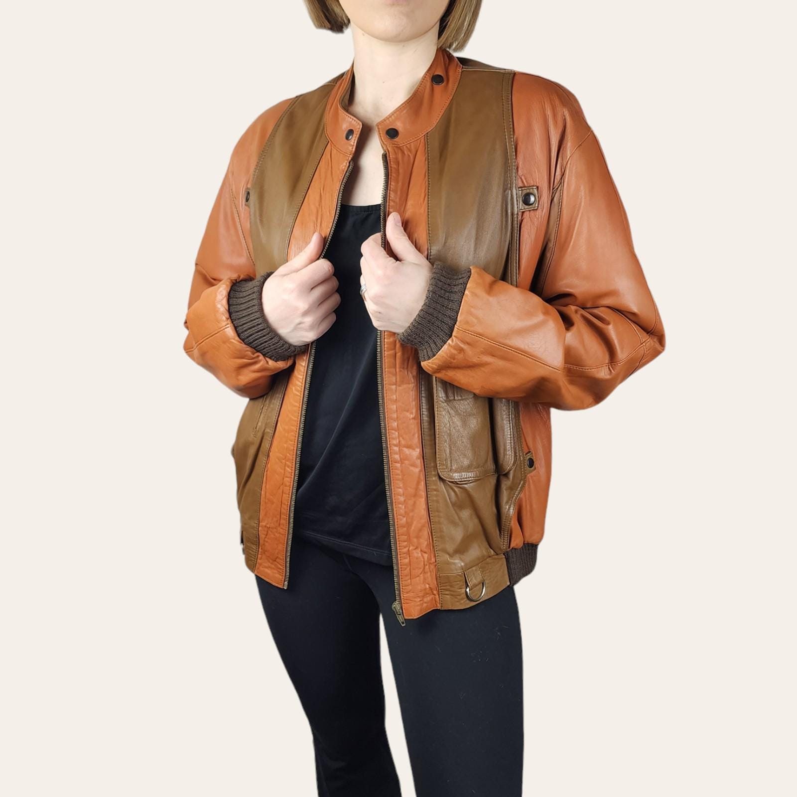 1980s Vintage Leather Bomber Jacket Brown, Size M Retro Winter 