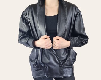 Retro 80s Black Leather Bomber Jacket Vintage Men