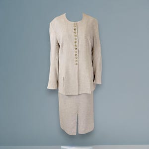 90s Linen Blend Skirt Suit Set: Vintage Beige Size 12