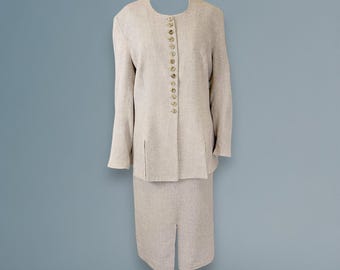 90s Linen Blend Skirt Suit Set: Vintage Beige Size 12