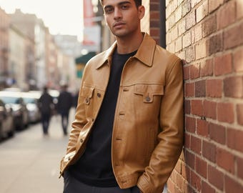 Groovy 1970s Men's Tan Brown Leather Jacket, Size S - Retro Button-Up Style for Winter