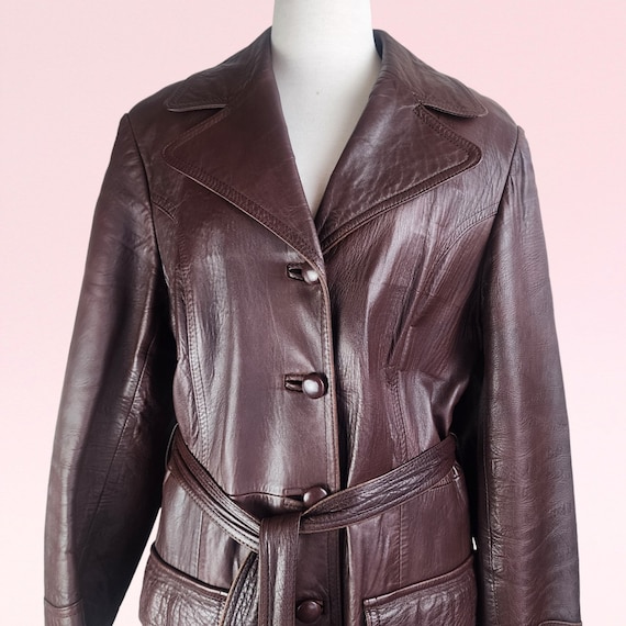 Vintage 70s Retro Long Leather Brown Coat, Size 1… - image 2