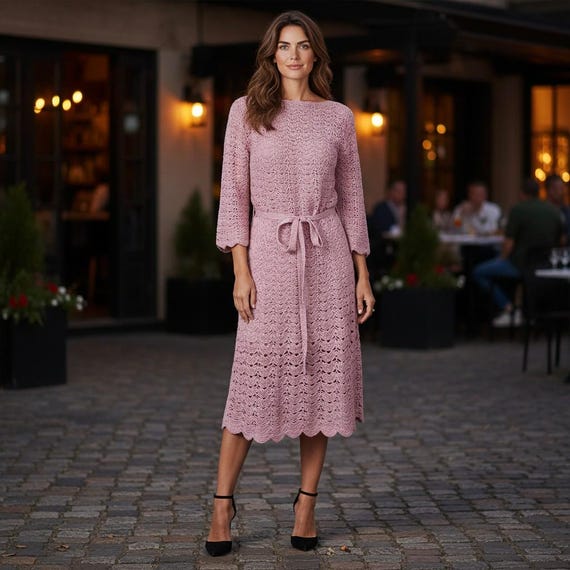 Retro Chic: Handmade Pink Crochet Pencil Dress From the Swinging 60s, Size 8