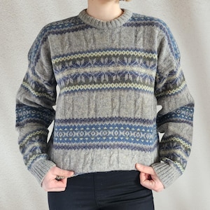 1970s Vintage Blue Fair Isle Wool Sweater Jumper, Size L | Men&#39;s Retro Winter Wear