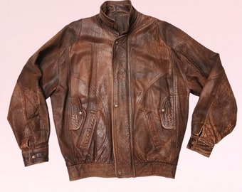 80s Vintage Boho Retro Leather Bomber Jacket | Brown Distressed Style | Size L | Men's Winter Fashion