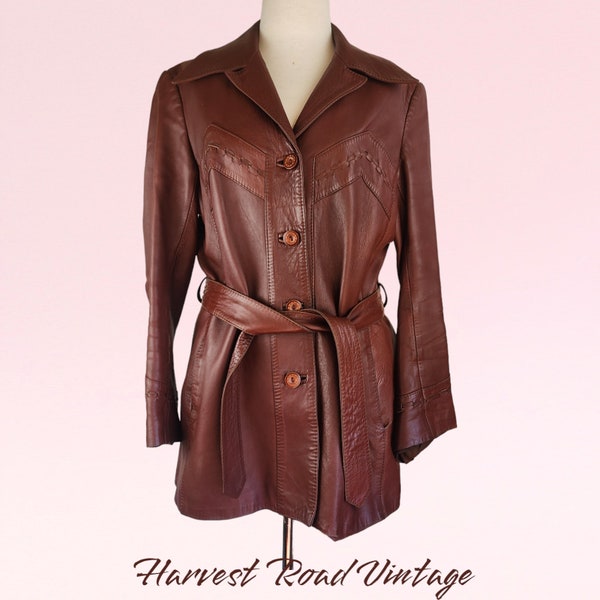 Vintage 70s Retro Boho Chic Leather Jacket - Burgundy | Size 18 | Women's Classic Winter Fashion