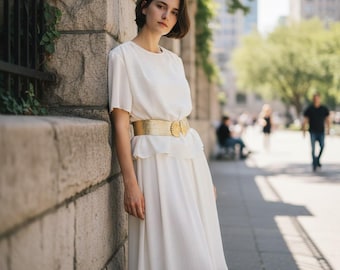 1970s Vintage Cream Chiffon Skirt Suit Set, Size 14 | Retro Summer Fashion