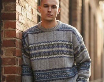 Sweter męski vintage z mieszanki wełny Fair Isle, szaro-niebieski, rustykalny, dzianinowy, rozmiar L