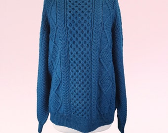 Pull rétro en tricot torsadé épais années 80 bleu | Taille XL | Style bohème hipster