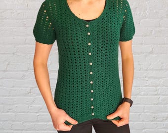 Unique Vintage Crochet Blouse from the 70s | Short Sleeve, Size 10, Green Beauty