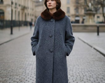 1950s Blue Wool Coat with Fox Fur Collar - Size 12
