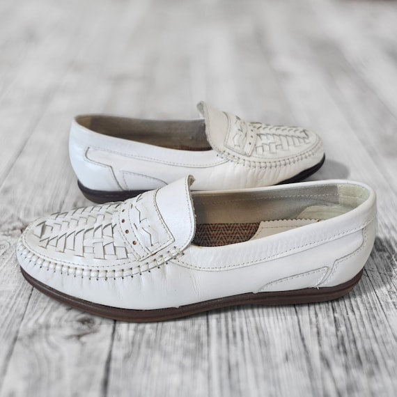 Vintage Mens White Woven Leather Loafers by Genux - Made in