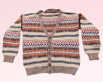 50s Striped Patterned Fair Isle Knitted Woollen Cardigan Boho Size XL